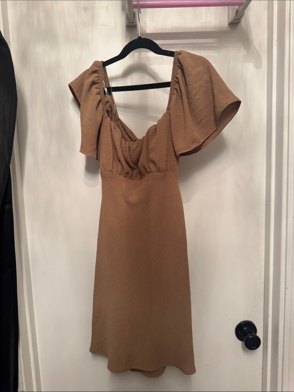 Ruched V-Neck Midi Dress in Brown with Flutter Sleeves